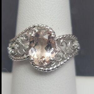 R656  Natural Morganite and Diamond Accent Filigree Scroll Band Ring.  Size 7.